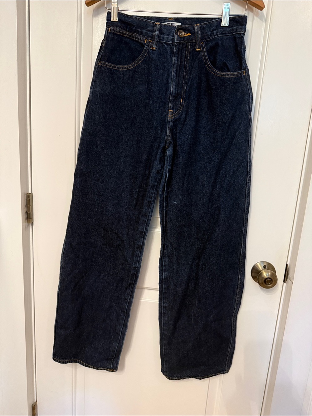 UNIQLO JEANS DARK BLUE DENIM BARREL WIDE LEG HI RISE measures SIZE 27W no label